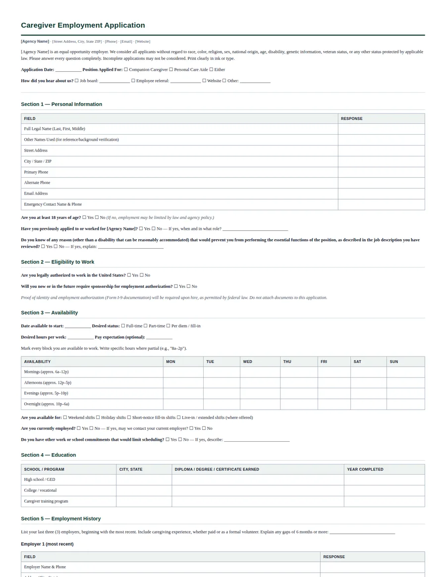 Caregiver Employment Application template preview