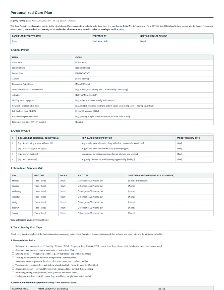 Personalized Care Plan template preview