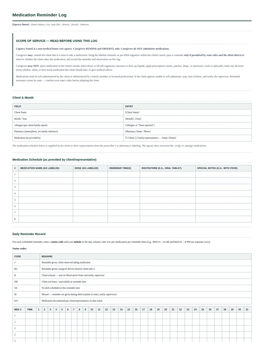 Medication Reminder Log template preview
