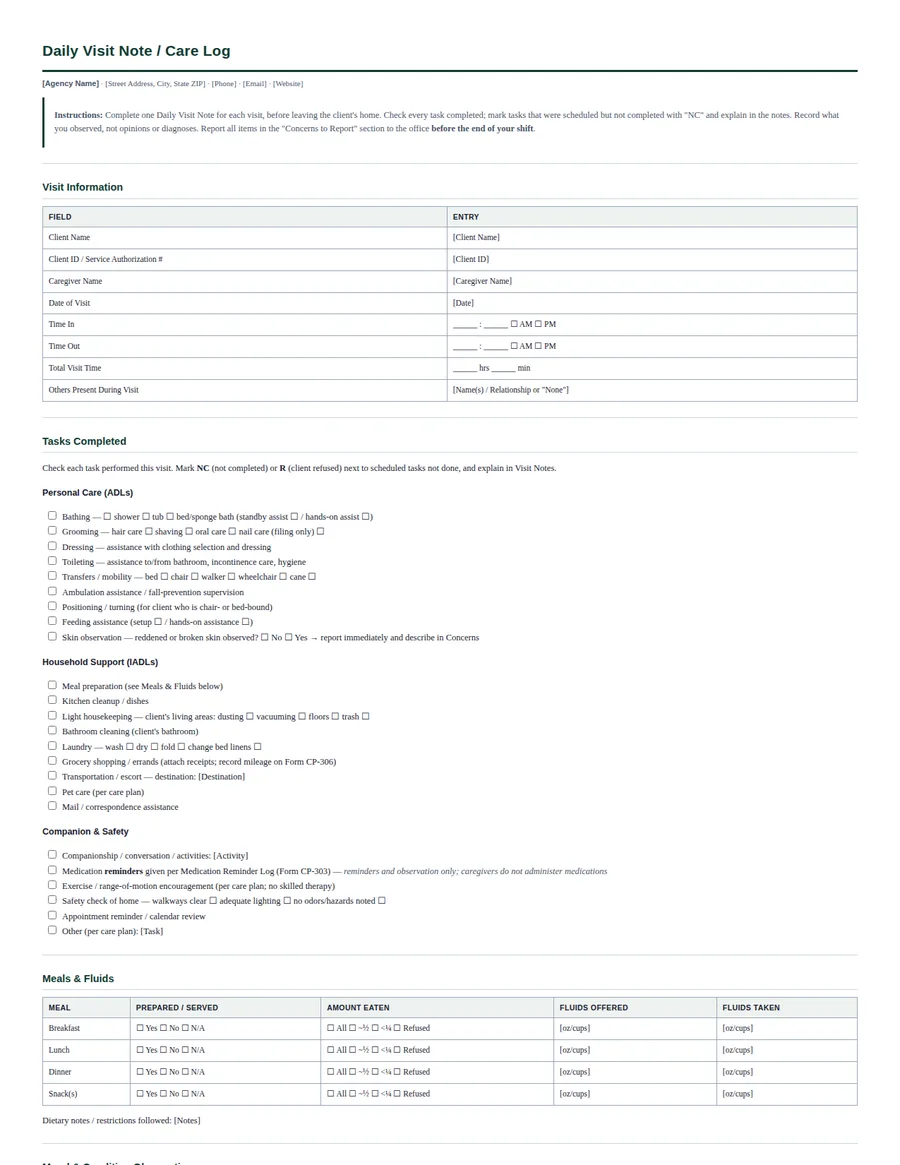 Daily Visit Note template preview