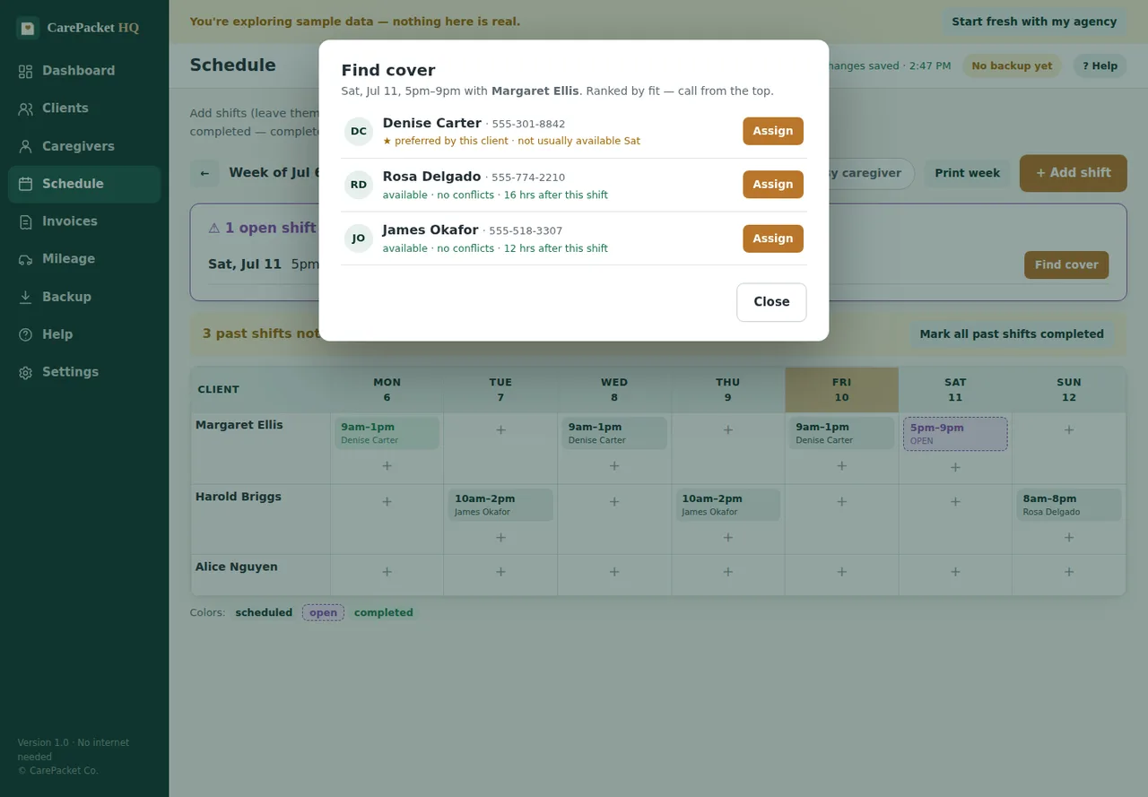 Find cover screen ranking available caregivers for an open shift