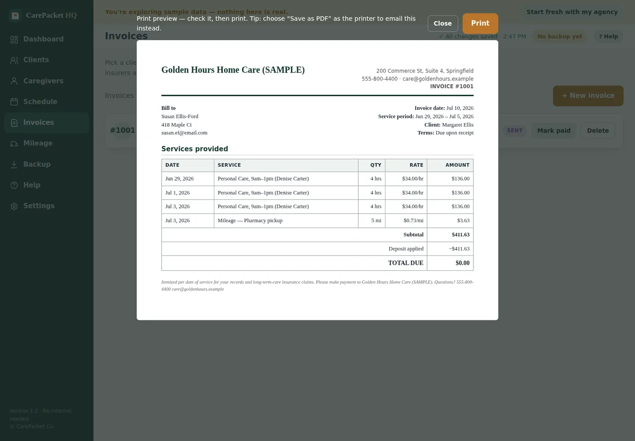 Generated itemized home care invoice with deposit applied