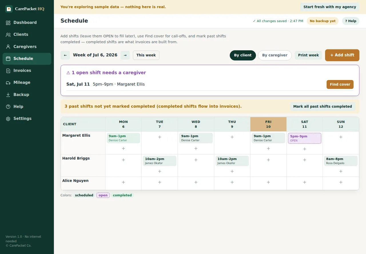 Weekly schedule grid by client with an open shift highlighted